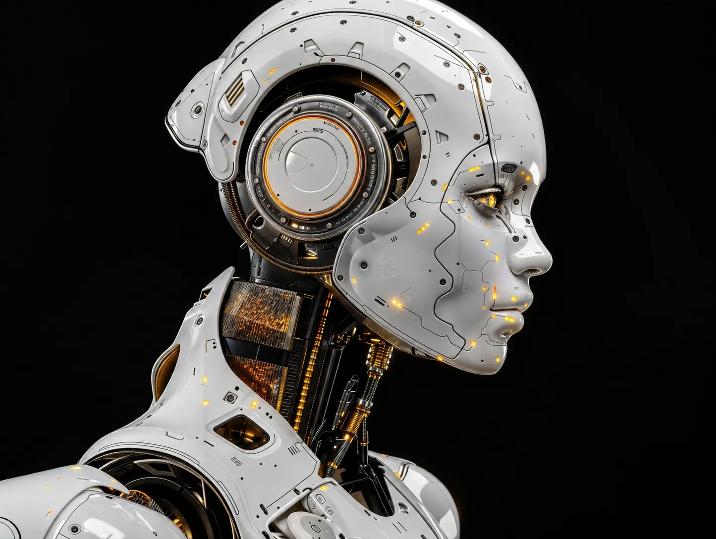 Sleeker humanoider Automationskopf mit technischen Leuchtelementen